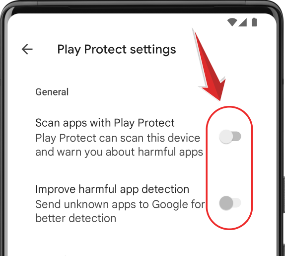 5. Turn OFF Scan apps with Play Protect.