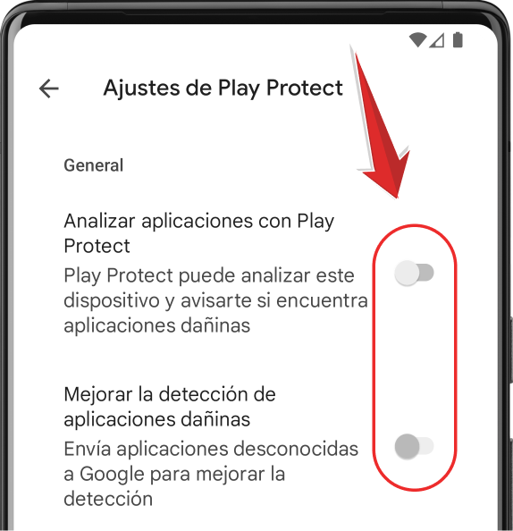5. Desactiva Analizar aplicaciones con Play Protect.